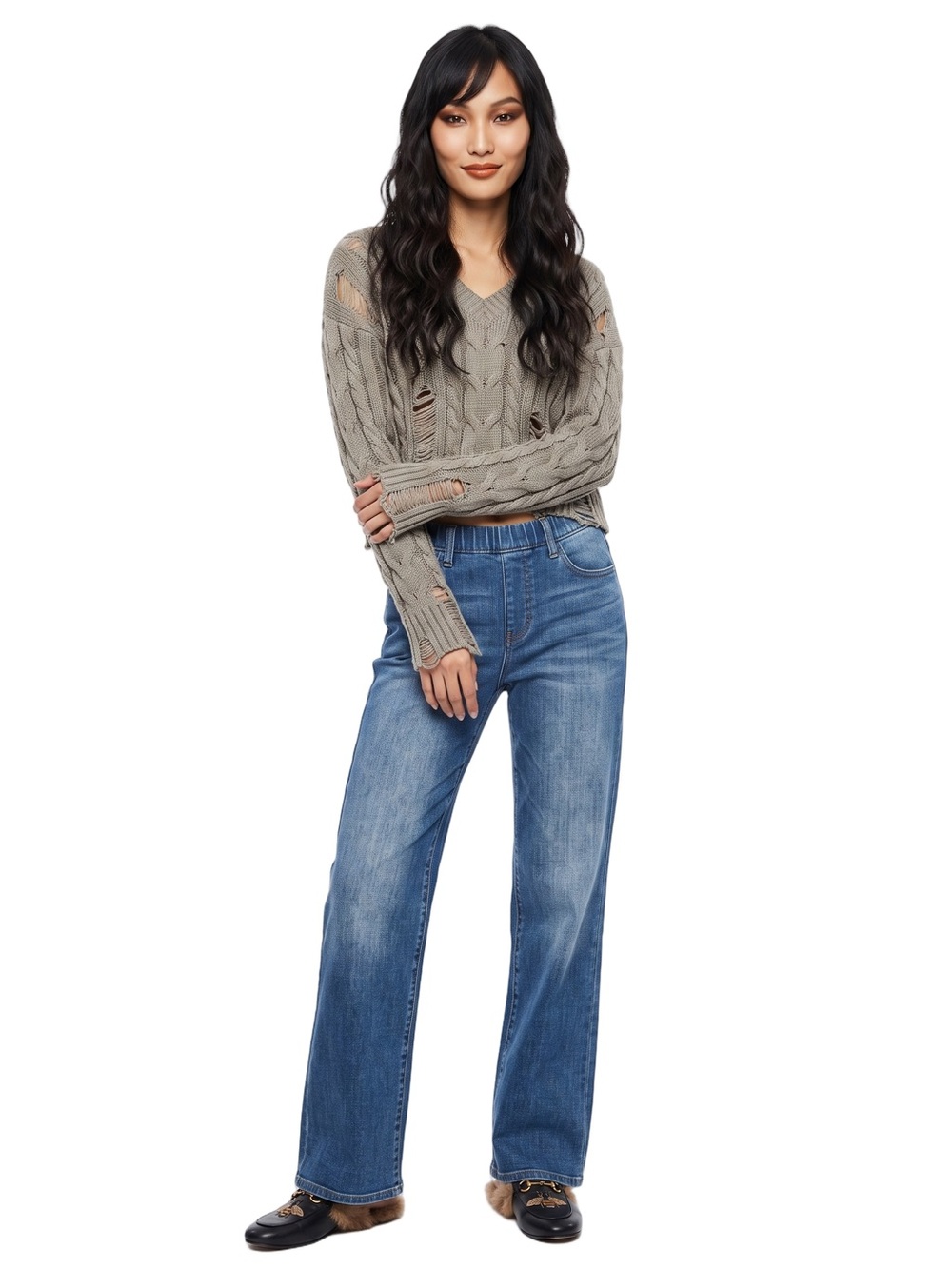 MILA ROSABELLA Medium Wash Sweatpant Blue Jeans Denim Print Knit Pull on Pants